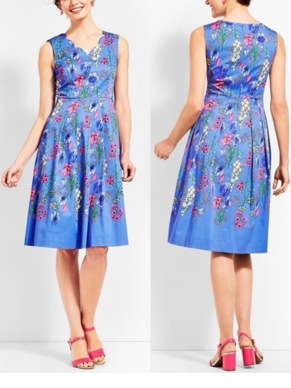 NWOT RSVP by Talbots Dress Sz 6 Blue Floral Scalloped Neck Pockets Stretch Midi